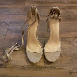 Size 10 brown heel with clear strap. Tie up heel